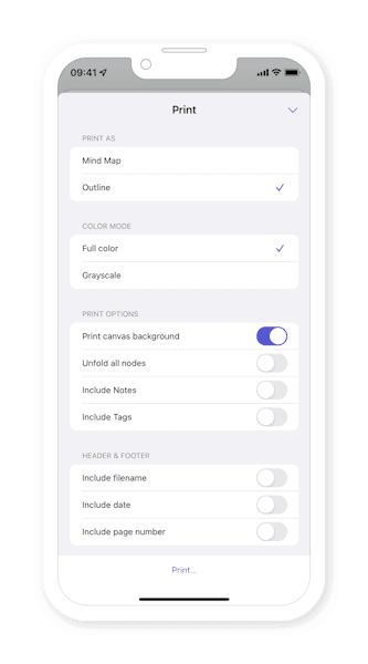 Outline printing options in MindNode on iOS & iPadOS