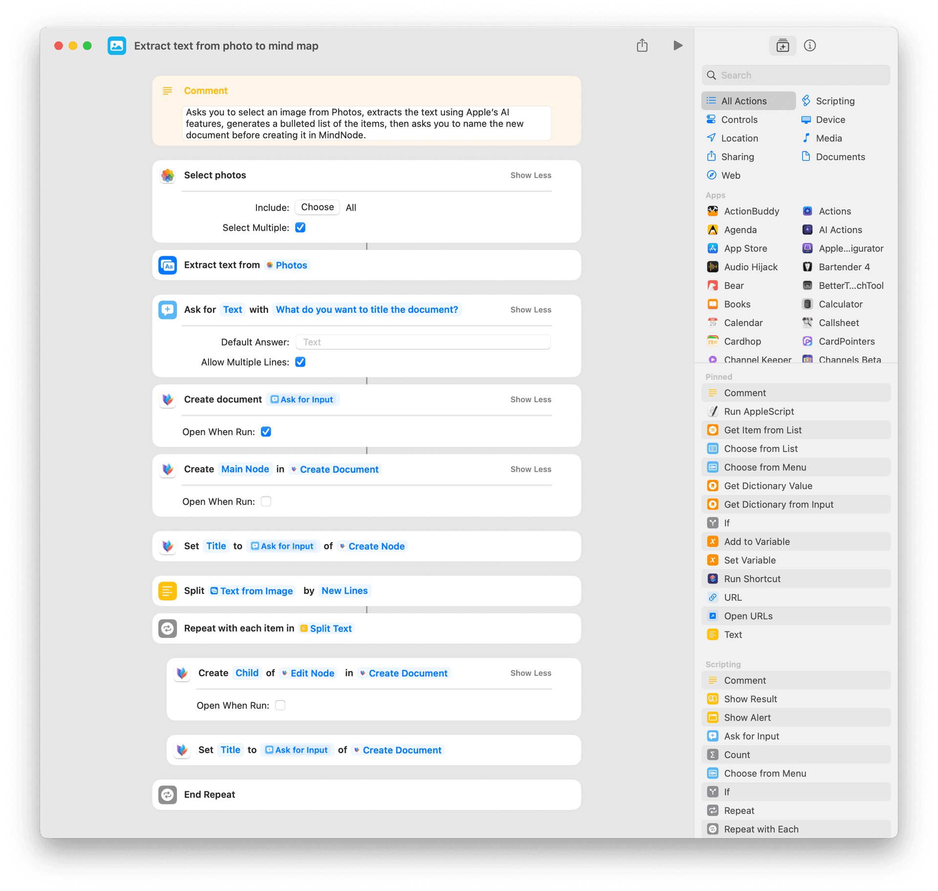 Screenshot of Apple Shortcuts with a workflow to extract text from a photo to convert it to a mind map.