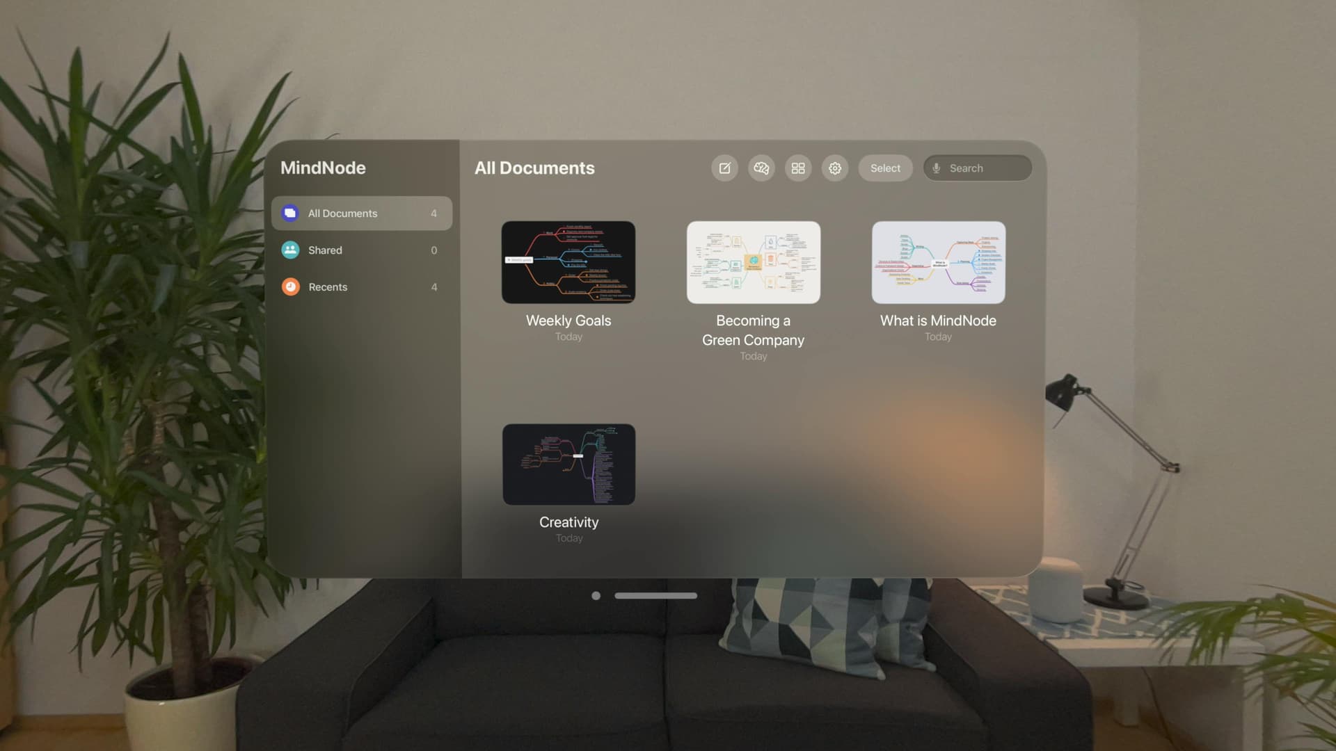 Document browser with four documents in MindNode Next for Apple Vision Pro
