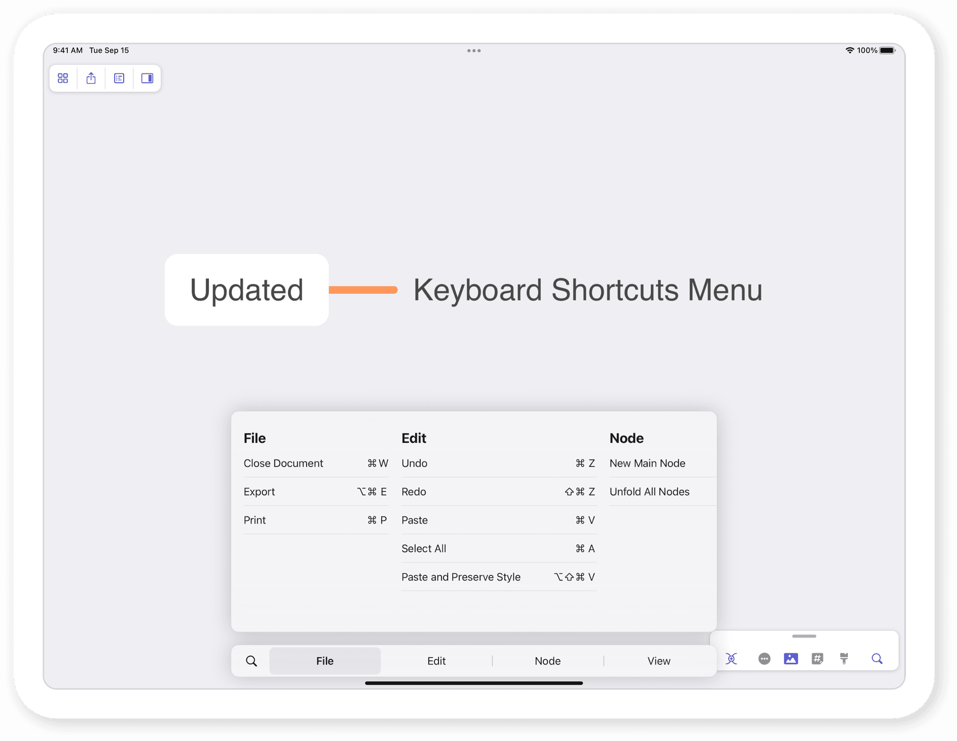 Updated Keyboard Shortcuts Menu in MindNode 2021.3