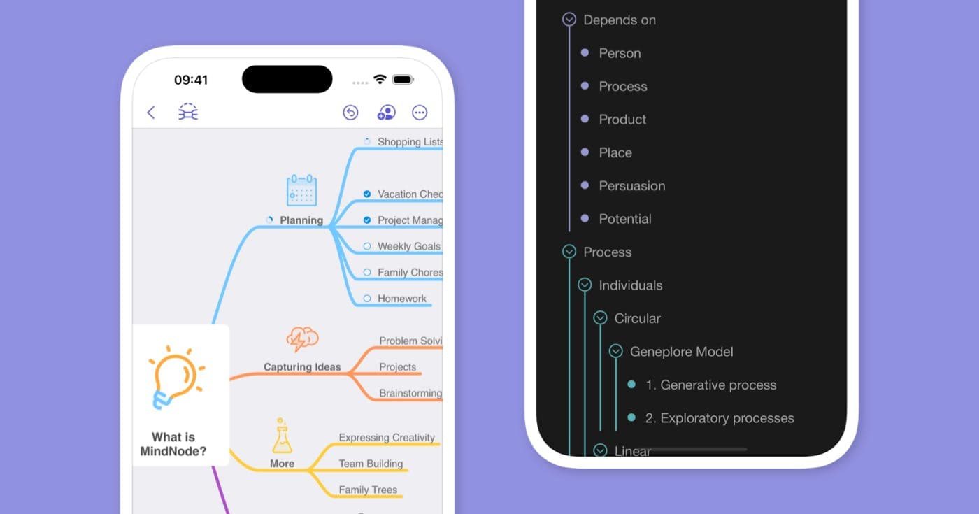 2 iPhones, 1 showing a mind map the other shows an outline